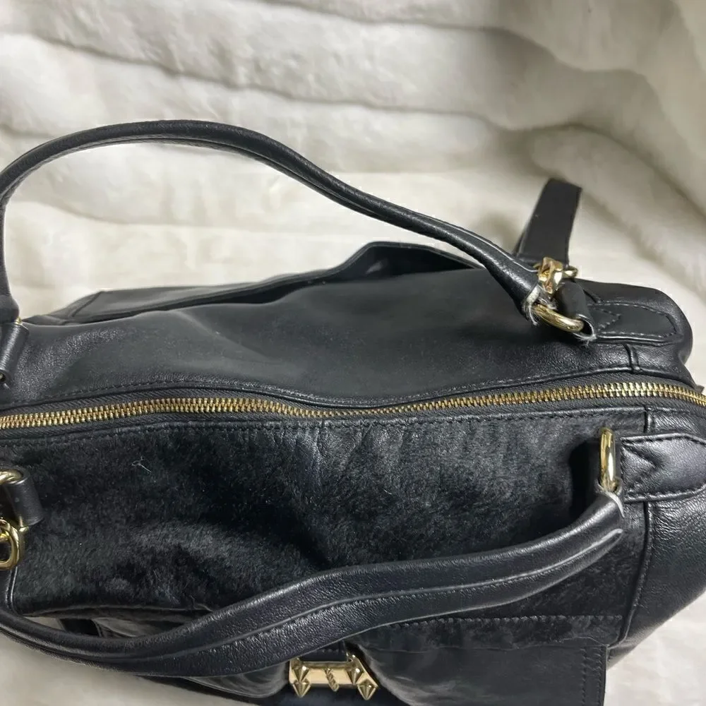 Vince Camuto black soft leather &calf hair Satchel/crossbody bag gold tone studs